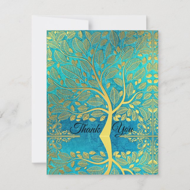 Gold tree reflection on Blue Peacock Thank You Card (Front)