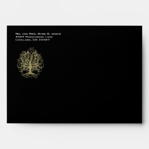 Gold Tree Swirl Black Wedding Envelopes