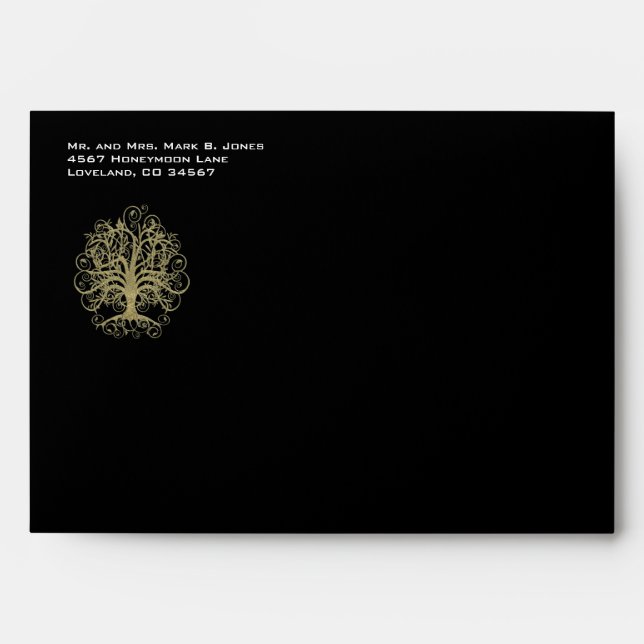 Gold Tree Swirl Black Wedding Envelopes (Front)
