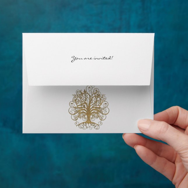 Gold Tree Swirl Wedding RSVP Envelopes (Hand)