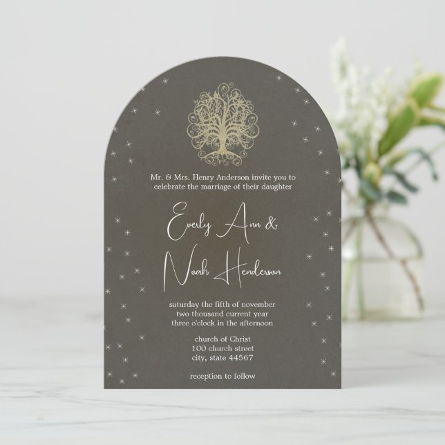 Gold Tree Under the Stars Wedding Invitations (Standing Front)