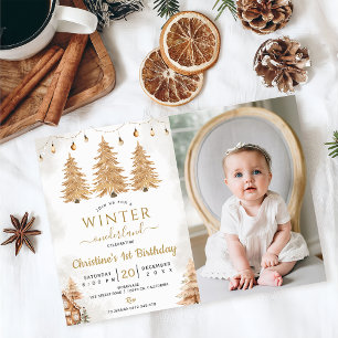 Gold Tree Winter Onederland Christmas Birthday Invitation