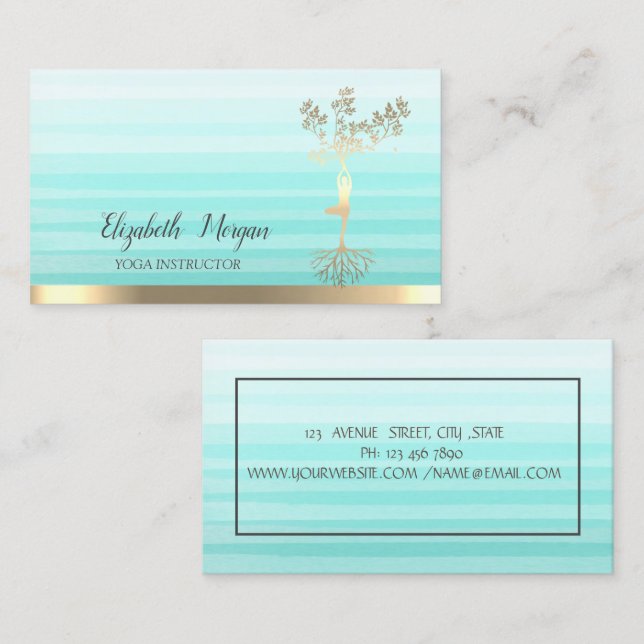 Gold Tree Women Silhouette,Stripe Ombre Yoga Business Card (Front/Back)