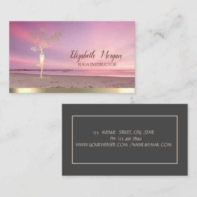 Gold Tree Women Silhouette,Zen Sunset Beach Business Card (Front/Back)