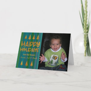Gold Trees Happy Holidays w/ Photo & Green Stripes Holiday Card