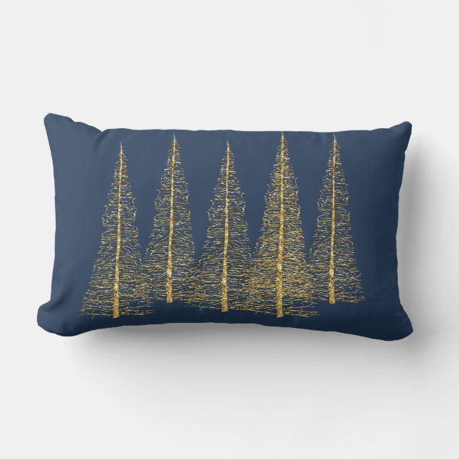 Gold Trees on Blue Lumbar Throw Pillow (Front)