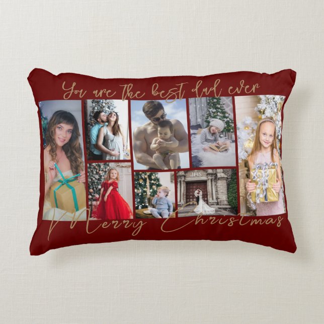 Gold Trendy Family Merry Christmas Photo Collage Decorative Cushion (Front)