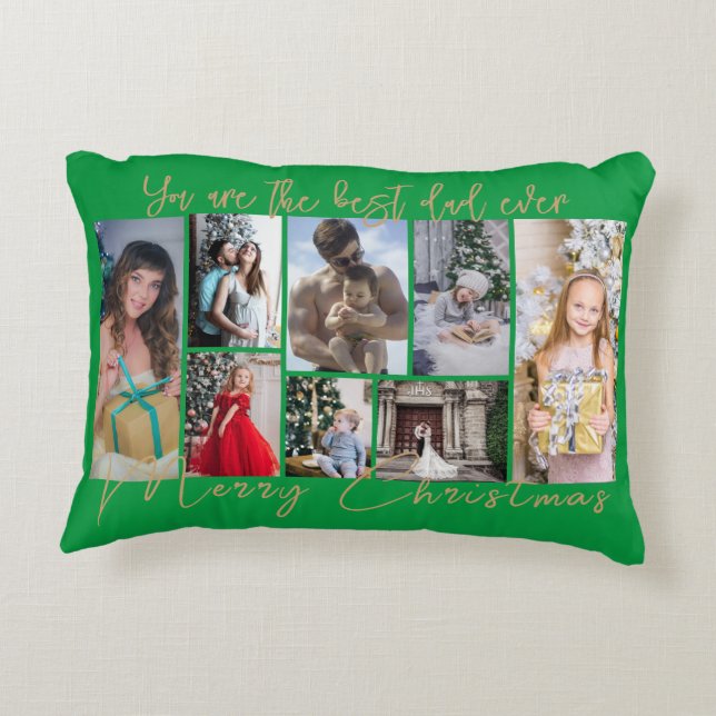 Gold Trendy Family Merry Christmas Photo Collage Decorative Cushion (Back)