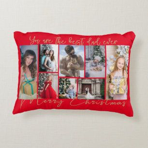 Gold Trendy Family Merry Christmas Photo Collage Decorative Cushion