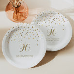 Gold Triangles 90th Birthday Party White Paper Plate<br><div class="desc">Help her celebrate her 90th birthday in style with this simple but elegant design, featuring faux gold foil triangular confetti sifting down on the number "90" in gold handwriting font on a white background. Personalise it with the name of the honoree in gold sans serif font, along with the occasion...</div>