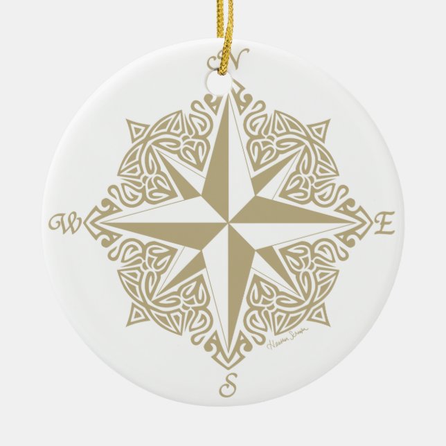 Gold Tribal Compass Rose Ceramic Tree Decoration (Front)