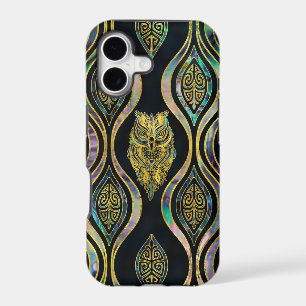 Gold Tribal Owl on Boho Abalone Pattern