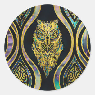 Gold Tribal Owl on Boho Abalone Pattern Classic Round Sticker