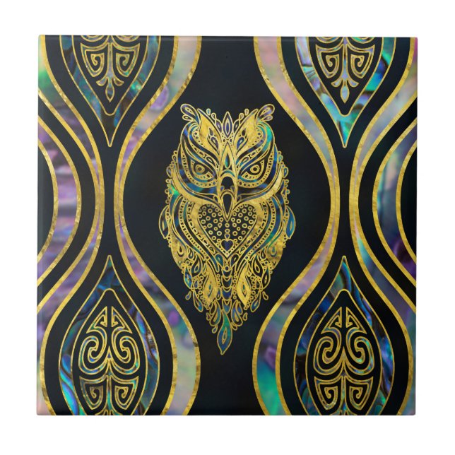 Gold Tribal Owl on Boho Abalone Pattern Tile (Front)