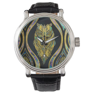 Gold Tribal Owl on Boho Abalone Pattern Watch