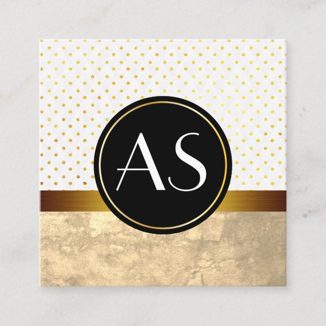 Gold Trim and Polka Dots / Classic Monogram Square Business Card (Front)