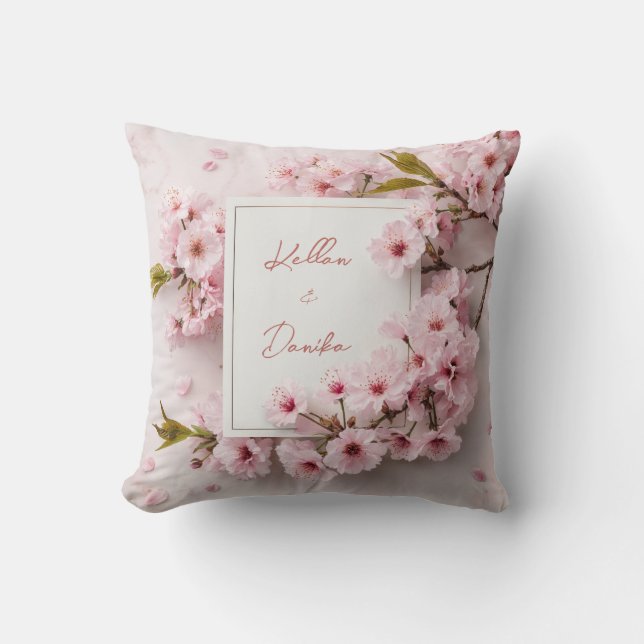 Gold Trim Pink Cherry Blossom Marble Square Frame Cushion (Front)