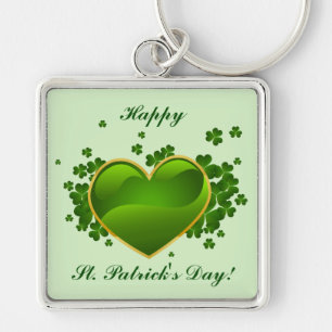 Gold-Trimmed Green Heart with Shamrocks Key Ring