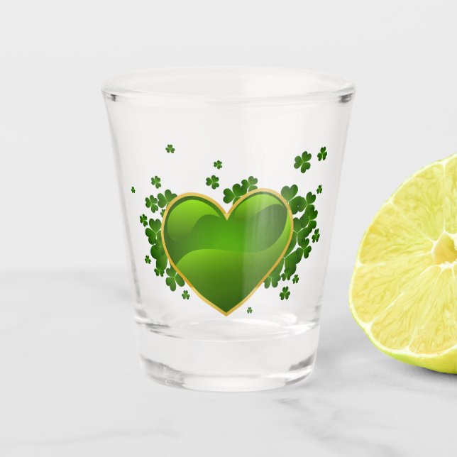 Gold-Trimmed Green Heart with Shamrocks Shot Glass (Front)