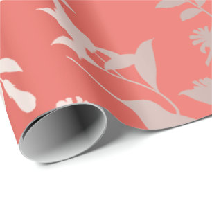 Gold Tropic Summer Rose CoralHumming-bird Floral Wrapping Paper