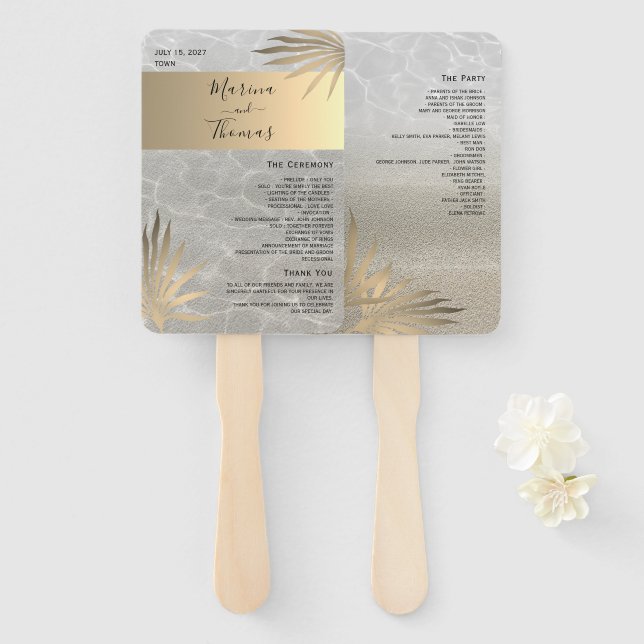 Gold Tropical Beach Wedding Program Hand Fan (Front and Back)