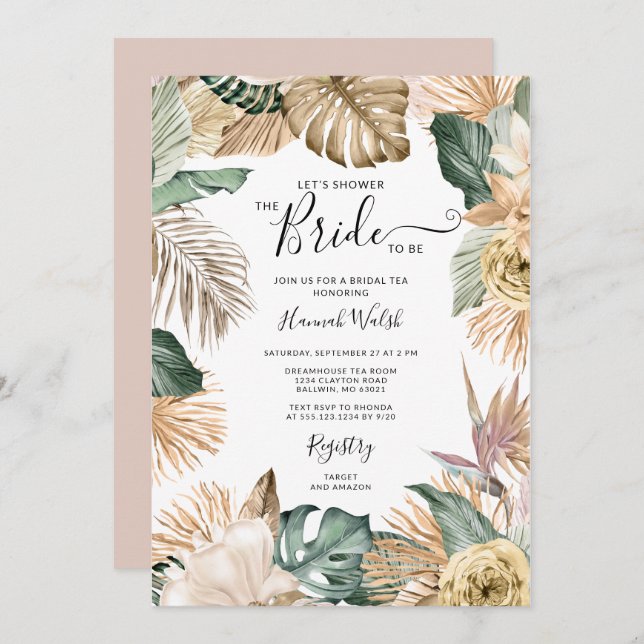 Gold Tropical Blush Pink Bridal Tea Invitation (Front/Back)