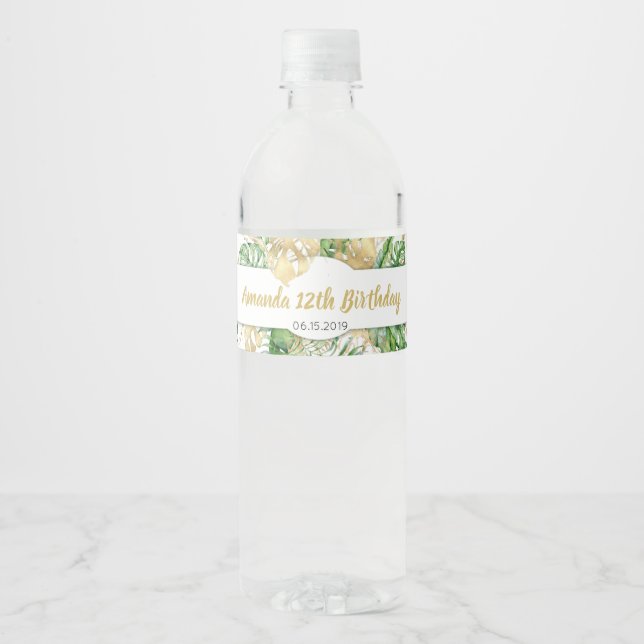 Gold Tropical Floral Water Bottle Label (Front)