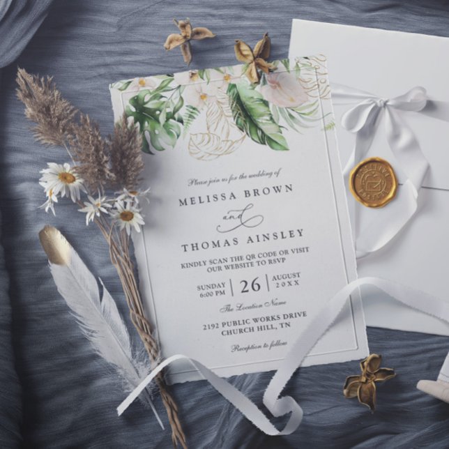 Gold Tropical Foliage Floral Chic QR Code Wedding Invitation (Creator Uploaded)