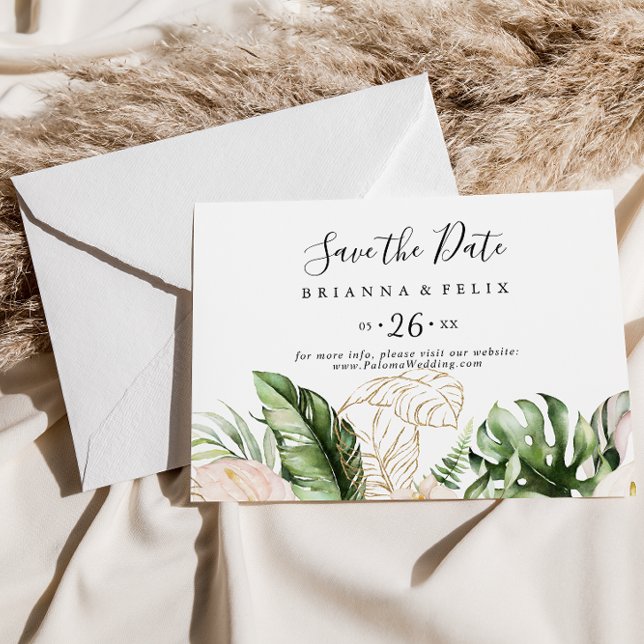 Gold Tropical Foliage Floral Horizontal Wedding  Save The Date (Creator Uploaded)