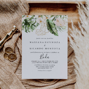 Gold Tropical Foliage Floral Spanish Wedding  Invitation