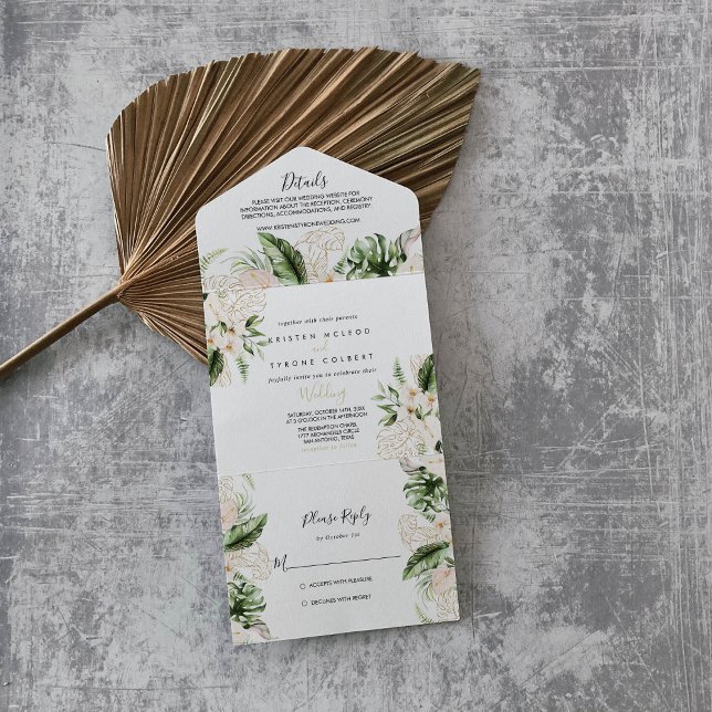 Gold Tropical Foliage Floral Wedding  All In One Invitation (Creator Uploaded)