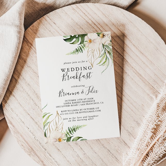 Gold Tropical Foliage Floral Wedding Breakfast  Invitation (Creator Uploaded)