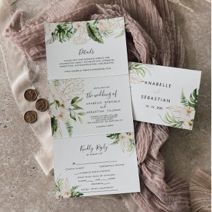 Gold Tropical Foliage Floral Wedding Tri-Fold Invitation
