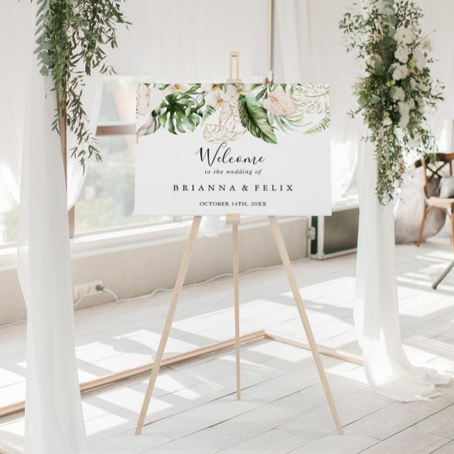 Gold Tropical Foliage Floral Wedding Welcome Sign (Creator Uploaded)