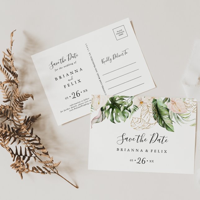 Gold Tropical Foliage Horizontal Save the Date  Postcard (Creator Uploaded)