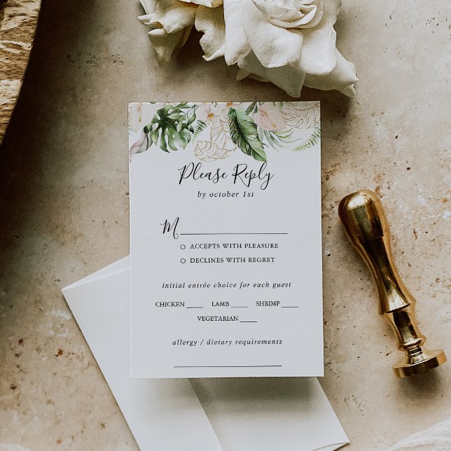 Gold Tropical Foliage Wedding Menu Choice RSVP (Creator Uploaded)