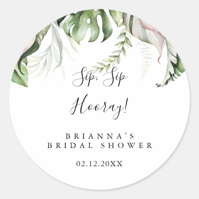 Gold Tropical Green Sip Sip Hooray Bridal Shower Classic Round Sticker (Front)