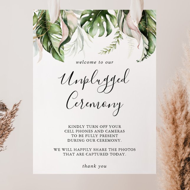 Gold Tropical Greenery Unplugged Ceremony Sign (Creator Uploaded)