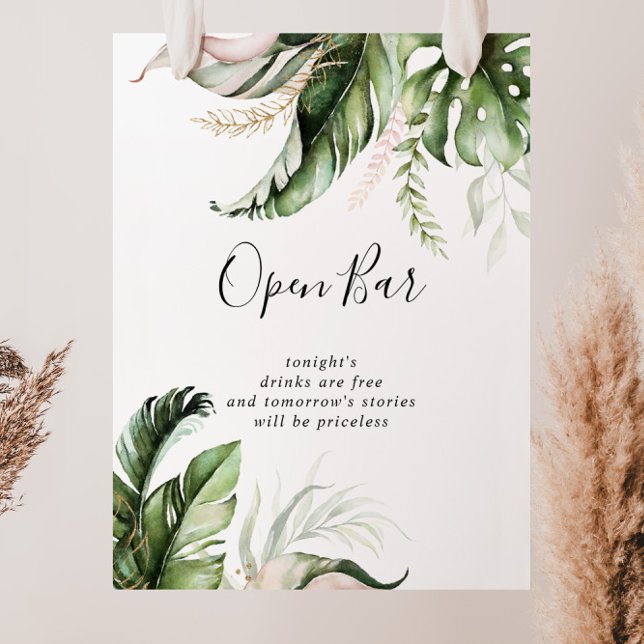 Gold Tropical Greenery Wedding Open Bar Sign (Creator Uploaded)