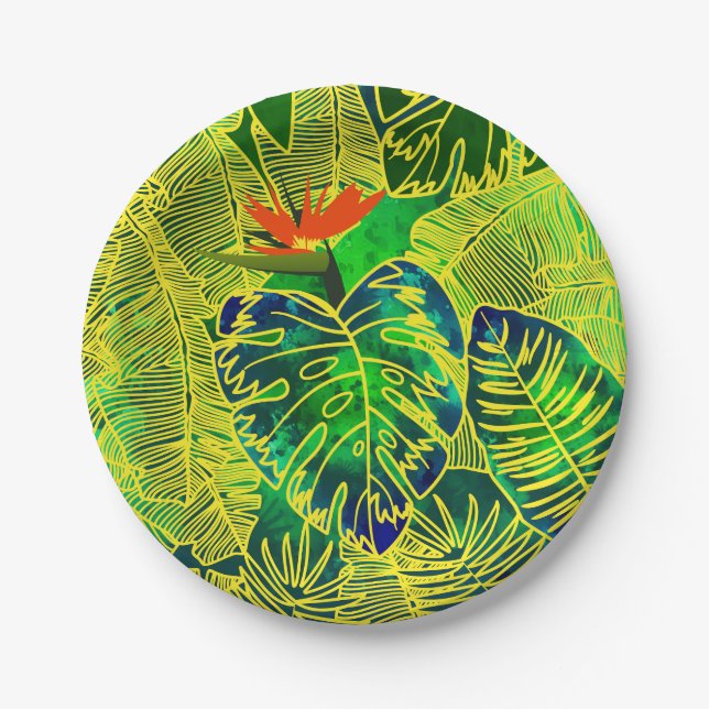 Gold Tropical Jungle Green Leaves Watercolor Paper Plate (Front)