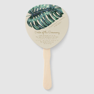 Gold Tropical Leaf Monstera Palm Wedding Program Hand Fan