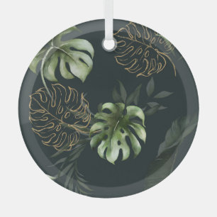 Gold Tropical Leaves: Dark Watercolor Glass Tree Decoration