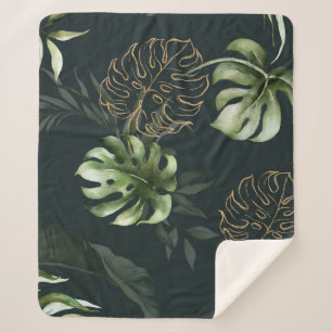 Gold Tropical Leaves: Dark Watercolor Sherpa Blanket