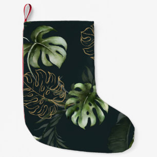 Gold Tropical Leaves: Dark Watercolor Small Christmas Stocking