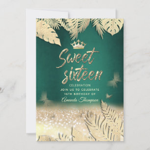 Gold tropical leaves glitter butterfly tiara  invitation