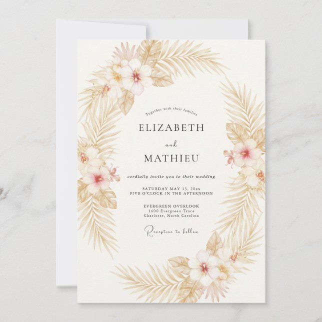 Gold Tropical Palm Eucalyptus Wedding Invitation (Front)