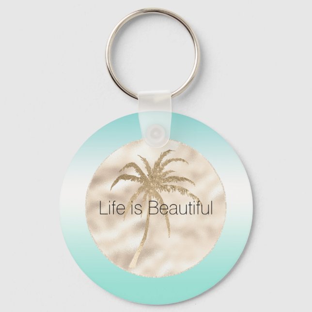 Gold Tropical Palm Tree Mint Aqua Ombre            Key Ring (Front)