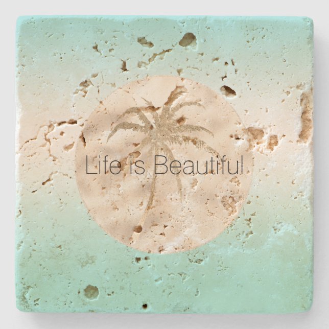 Gold Tropical Palm Tree Mint Aqua Ombre        Stone Coaster (Front)