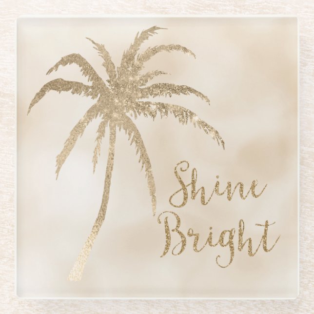  Gold Tropical Palm Tree Shine Bright Glitter     Glass Coaster (Front)