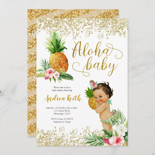 Gold Tropical Pineapple Girl Baby Shower Invitatio Invitation (Front/Back)